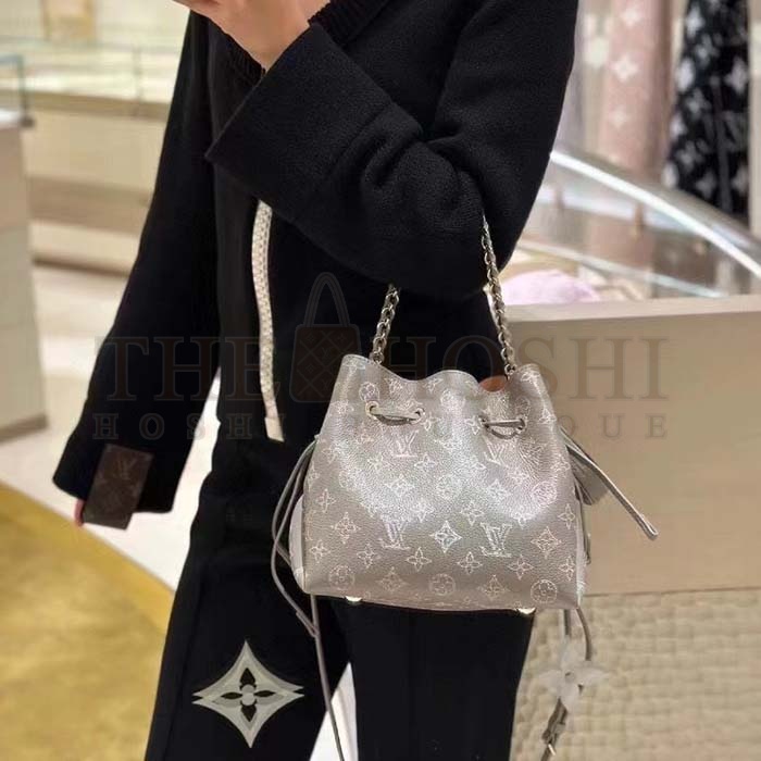 L0vis Vvtt0n LV Women Bella Bucket Bag Gray Mahina Perforated Calfskin Leather Microfiber Lining Master Quality