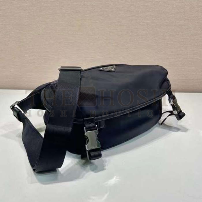 Pra*a Unisex Re-Nylon Saffiano Leather Shoulder Bag Black Fabric Flap Closure Master Quality