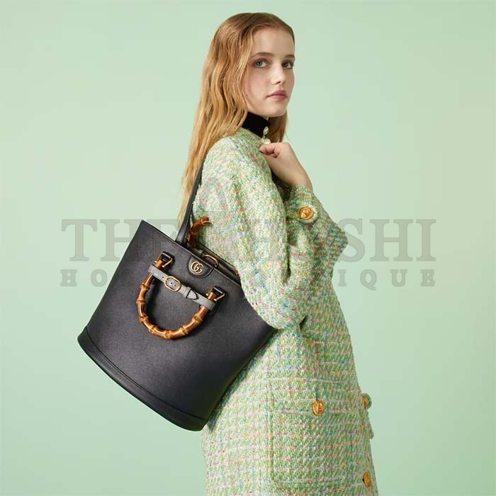 Gvc*1 Women Diana Medium Tote Bag Double G Black Leather Bamboo Handles Master Quality
