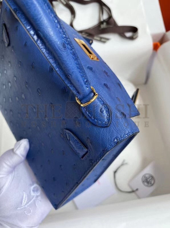H**me5 Blue Electric Ostrich Kelly Mini II Handmade Bag Master Quality