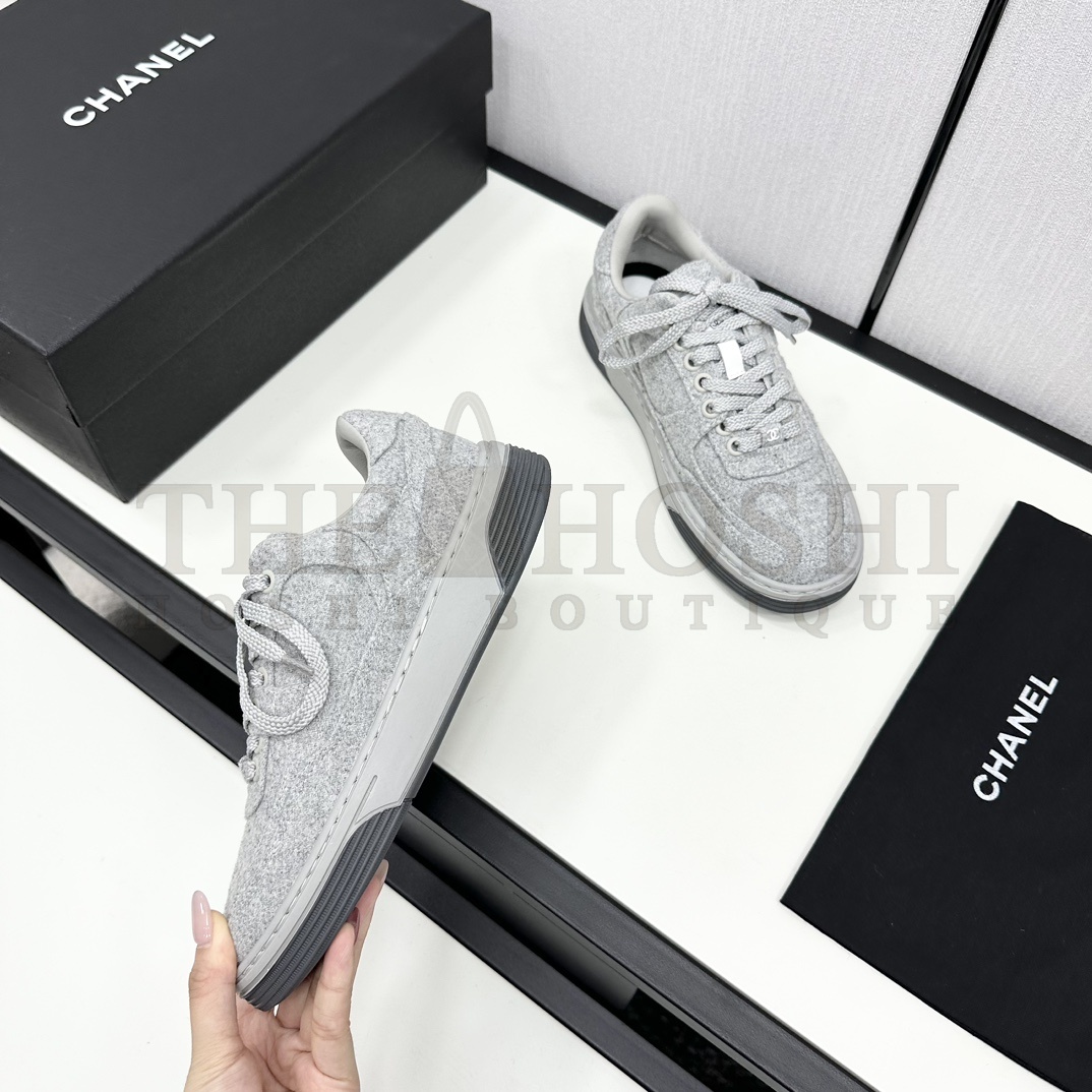 Ch**el - Wool & Mixed FibresLight Grey Low Top Sneakers Master Quality