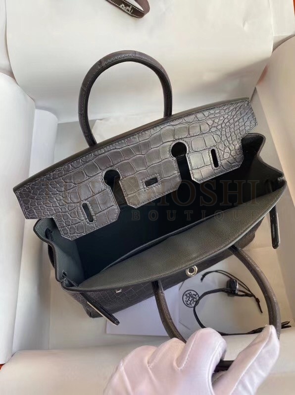 H**me5 Dark Grey Birkin 25cm Matte Alligator Crocodile Skin Bag Master Quality