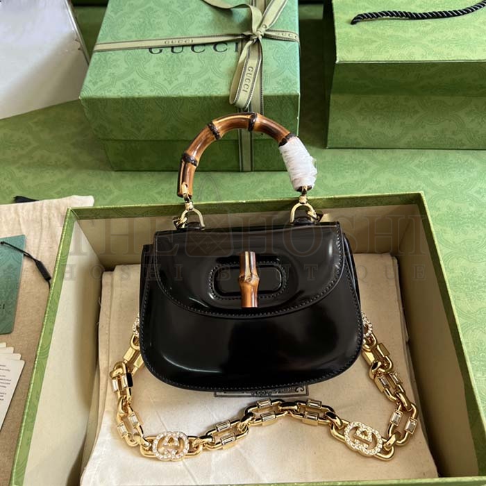Gvc*1 Women Bamboo 1947 Mini Top Handle Bag Black Patent Leather Master Quality