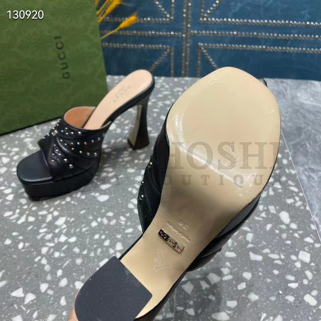 Gvc*1 Women G2 Heeled Slide Sandals Black Leather Studs Spool High 15 Cm Heel Master Quality