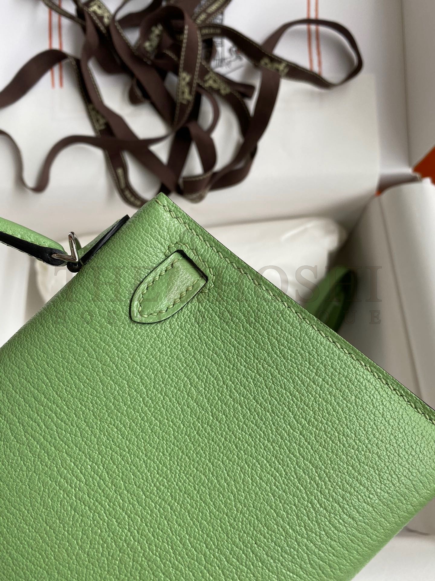 H**me5 Kelly Mini II Sellier Handmade Bag In Vert Criquet Chevre Mysore Leather Master Quality