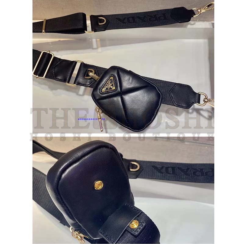 Pra*a Women Padded Leather Shoulder Bag Triangle-Stitched Padding-Black Master Quality
