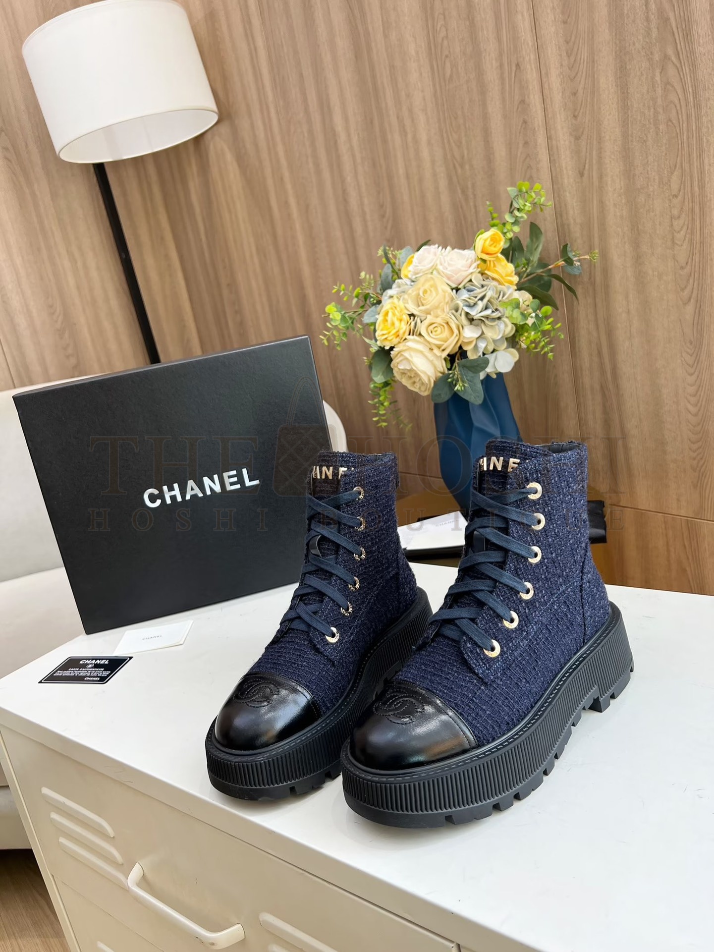 Ch**el  Shiny Lambskin Quilted Lace Up Combat Boots Master Quality