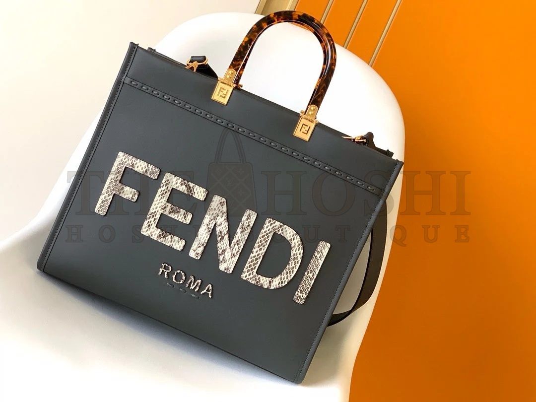 F**di Sunshine Medium Tote Bag in Black Leather with Python Logo Master Quality