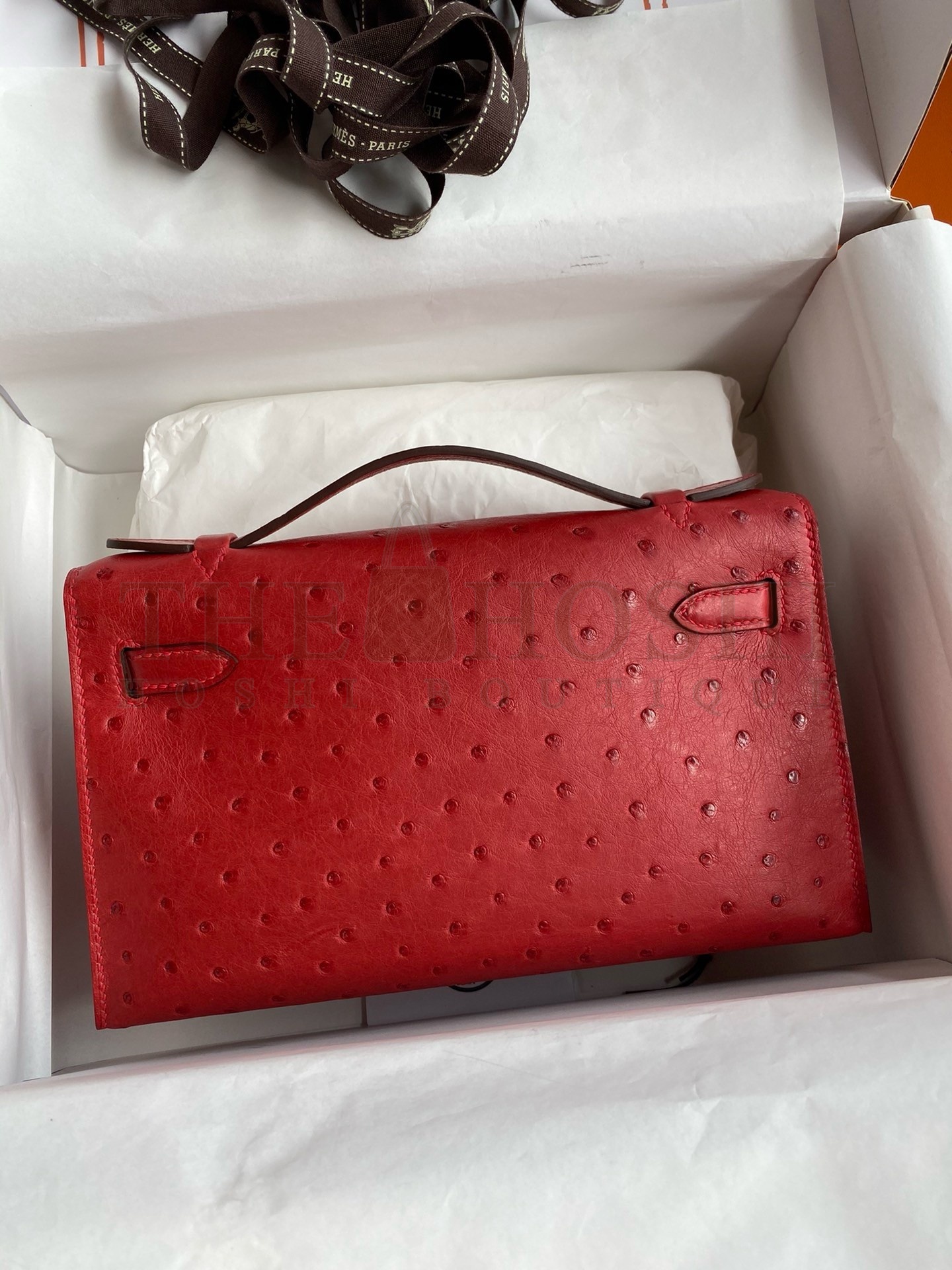H**me5 Kelly Pochette Handmade Bag In Red Ostrich Leather Master Quality