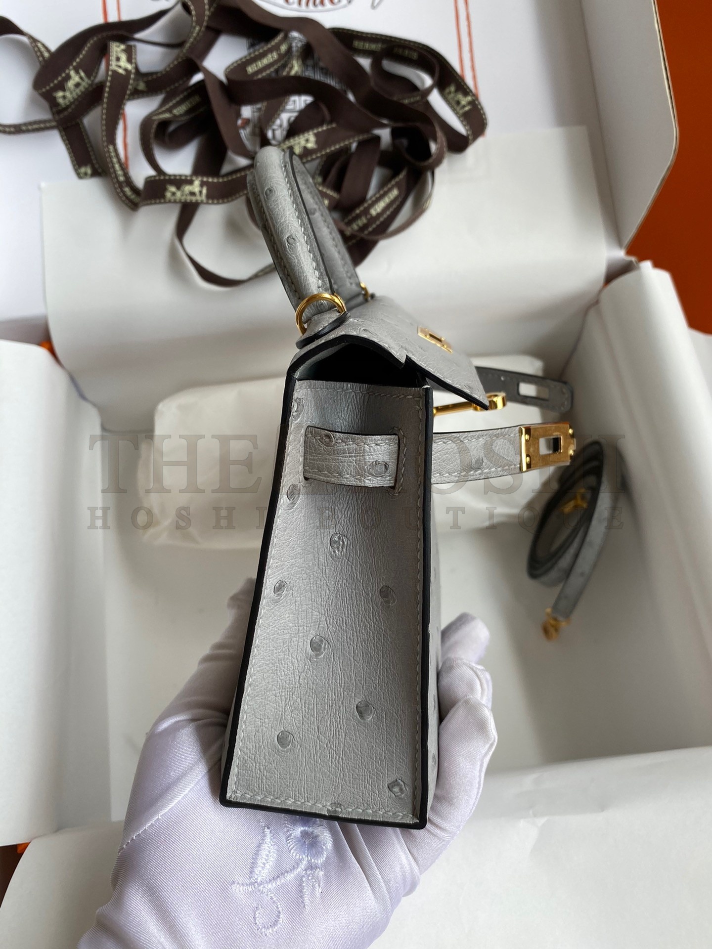 H**me5 Kelly Mini II Sellier Handmade Bag In Bleu Glacier Ostrich Leather Master Quality