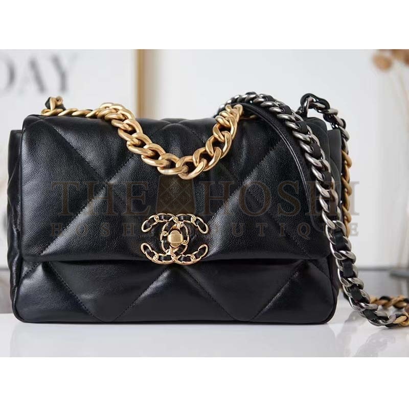 Ch**el Women 19 Large Handbag Black Lambskin Gold Silver-Tone Ruthenium-Finish Metal Master Quality