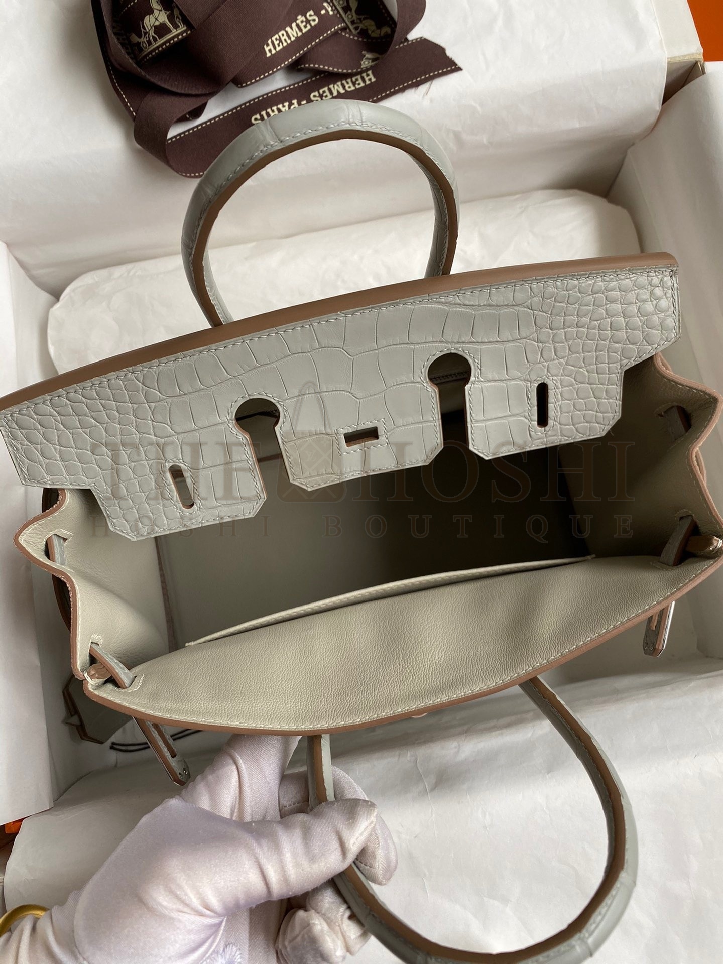 H**me5 Touch Birkin 25 Bag in Pearl Grey Togo and Matte Alligator Leather Master Quality