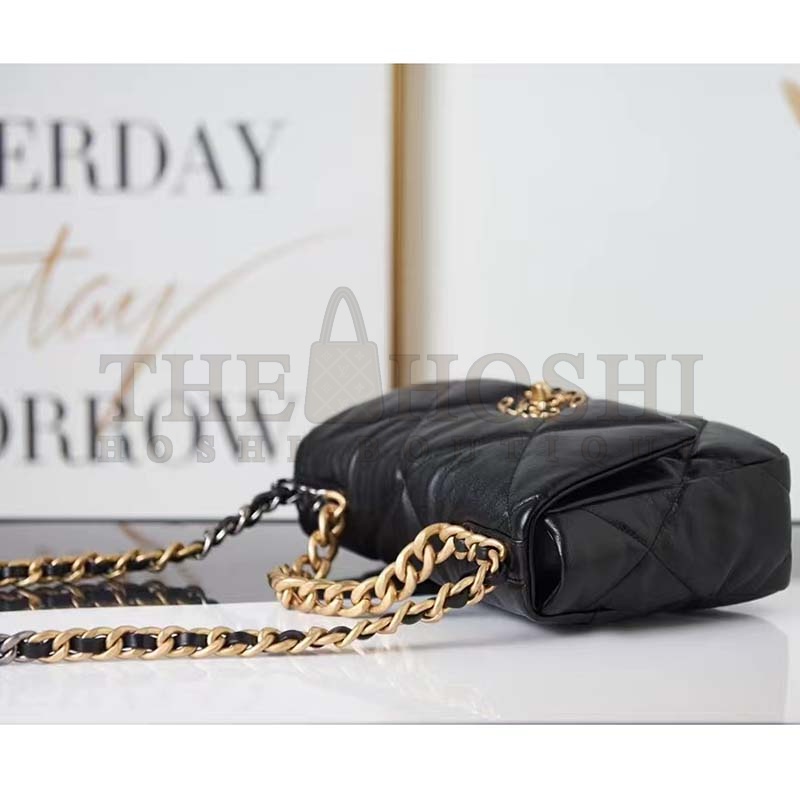 Ch**el Women 19 Large Handbag Black Lambskin Gold Silver-Tone Ruthenium-Finish Metal Master Quality