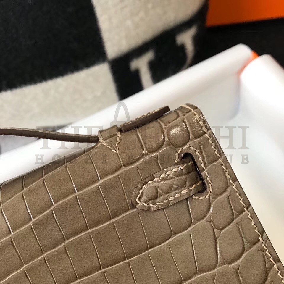 H**me5 Kelly Pochette Bag In Taupe Embossed Crocodile Leather Master Quality
