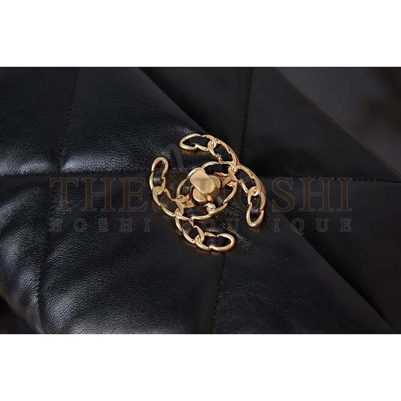 Ch**el Women 19 Handbag Lambskin Gold Silver-Tone Ruthenium-Finish Metal Black Master Quality