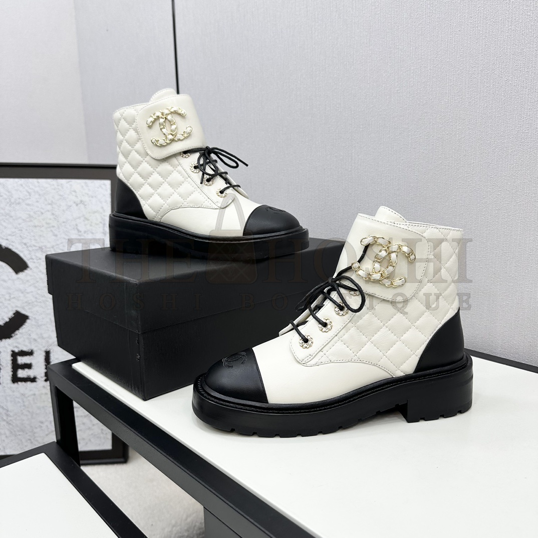 Ch**el  Shiny Lambskin Quilted Lace Up Combat Boots Master Quality