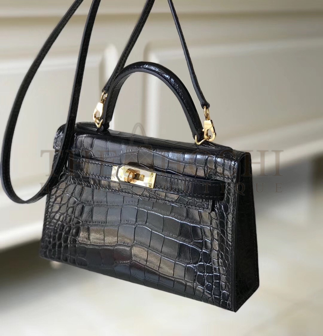 H**me5 Kelly Mini II Bag In Black Crocodile Embossed Leather Master Quality