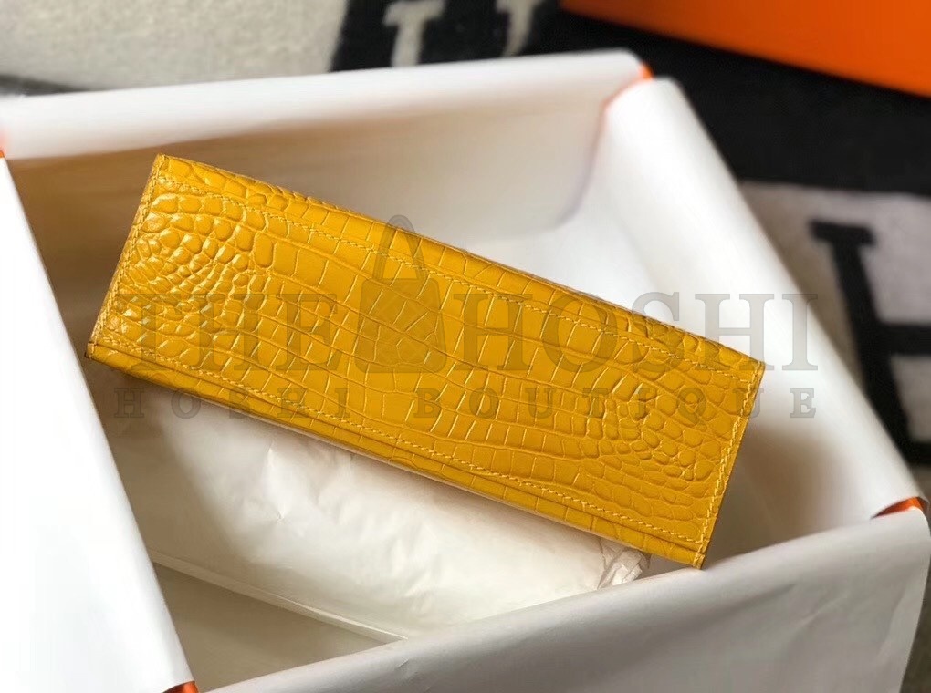 H**me5 Kelly Pochette Bag In Yellow Embossed Crocodile Leather Master Quality