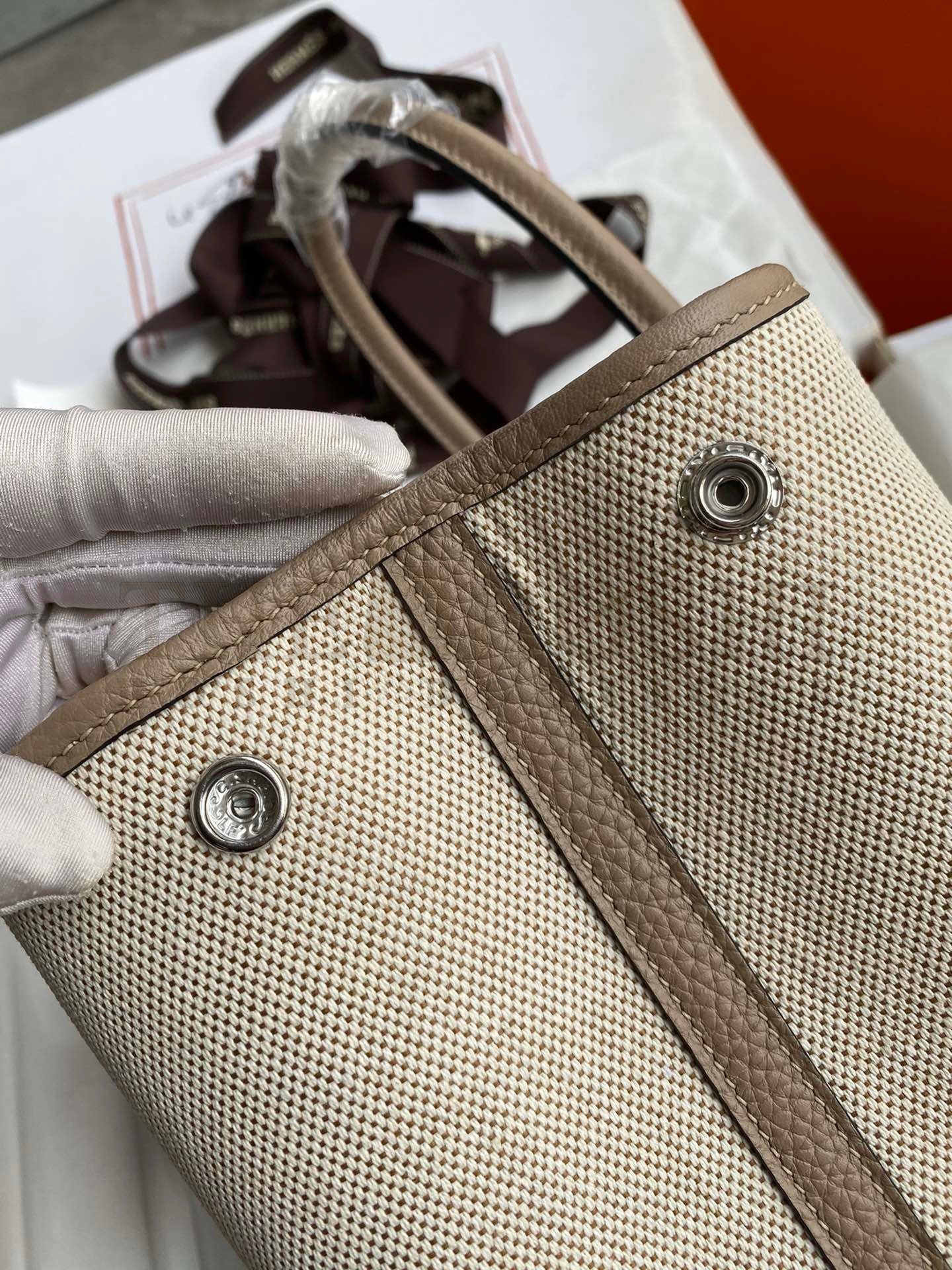 H**me5 Garden Party 30 Handmade Bag in Toile and Tourterelle Leather Master Quality