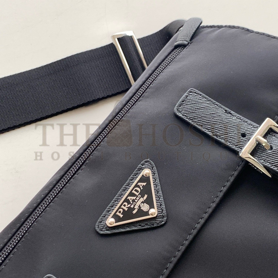Pra*a Shoulder Bag with Flap in Black Re-Nylon Master Quality