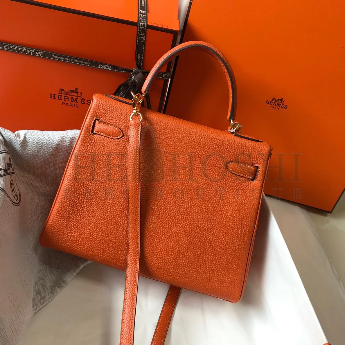 H**me5 Kelly 28cm Retourne Bag in Orange Clemence Leather GHW Master Quality
