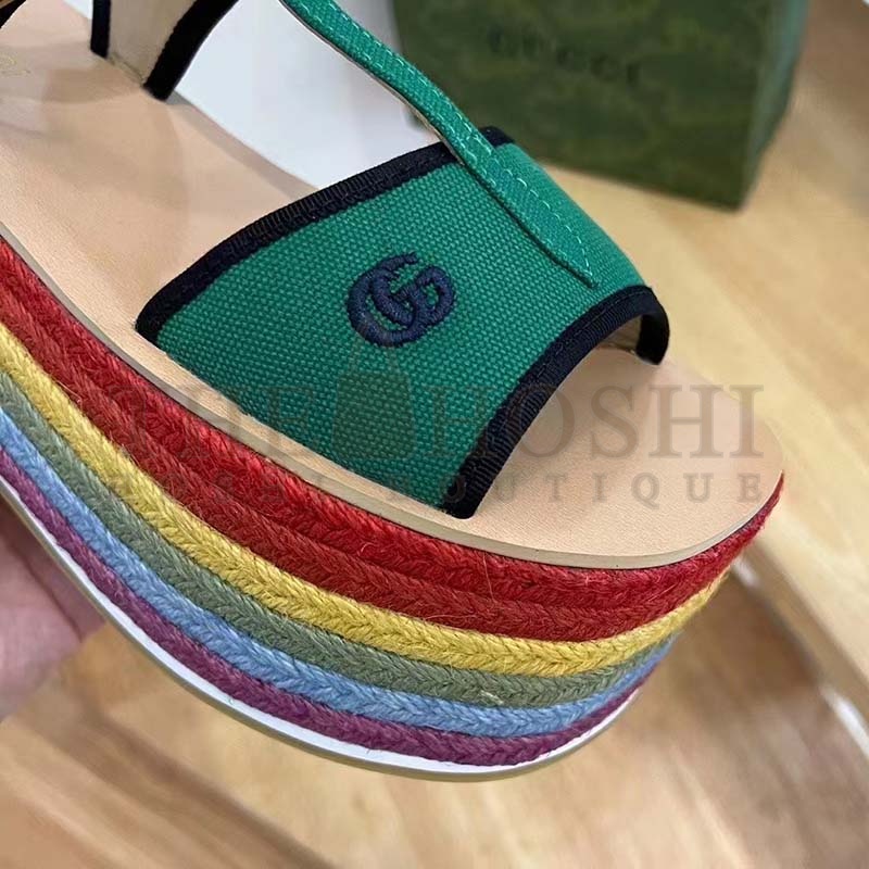 Gvc*1 Women G2 Platform Sandals Green Cotton Double G Embroidery 4 Cm Heel Master Quality