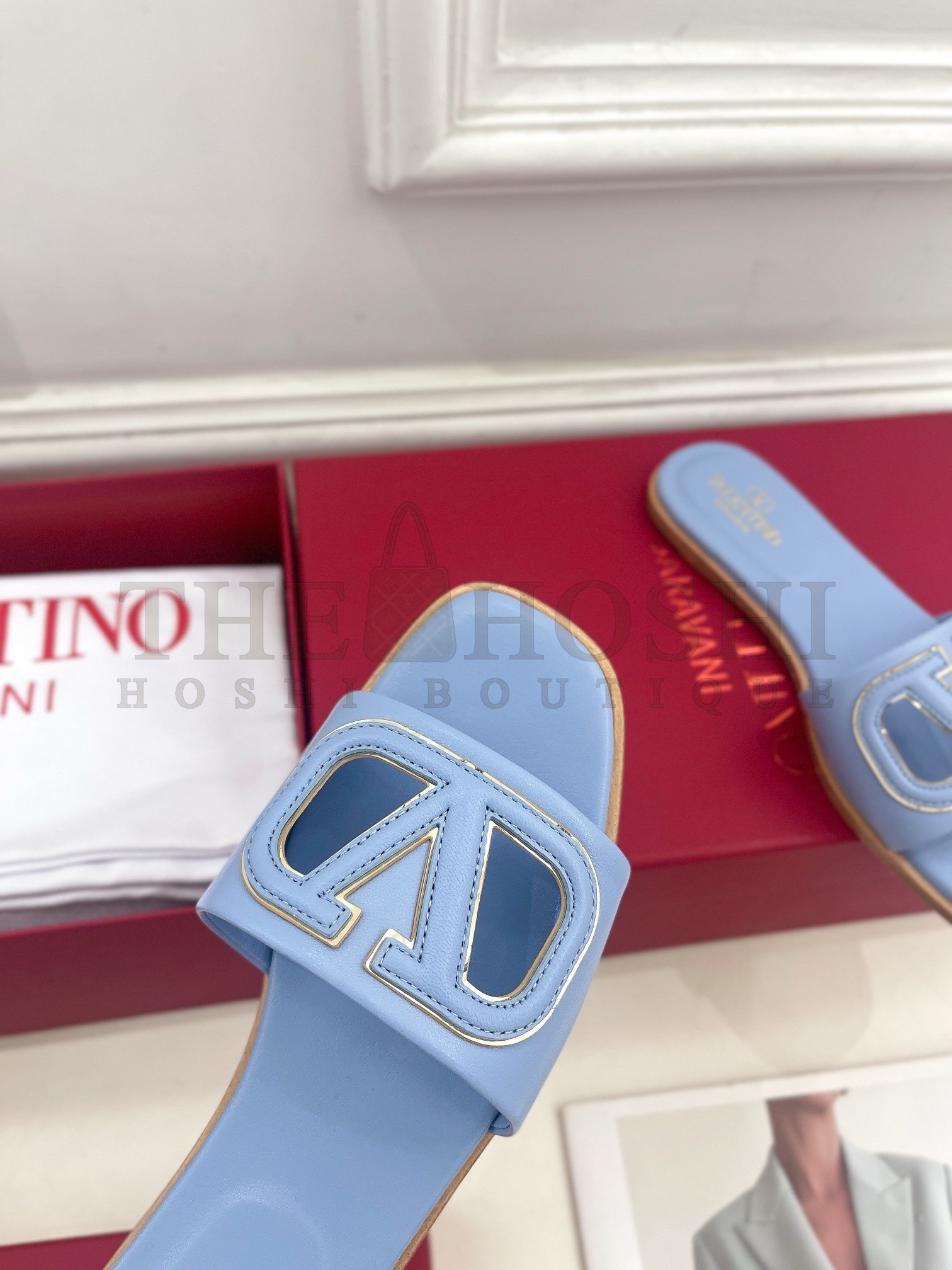 Va1e*ntin0 VLogo Cut-out Slide Sandals in Blue Leather Master Quality