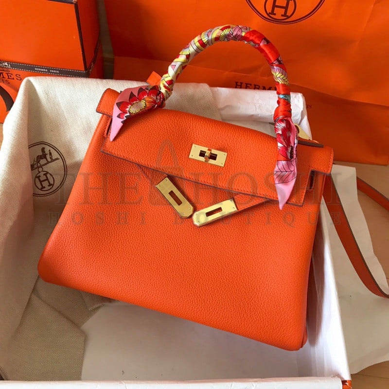 H**me5 Kelly Retourne 28 Handmade Bag In Orange Clemence Leather Master Quality