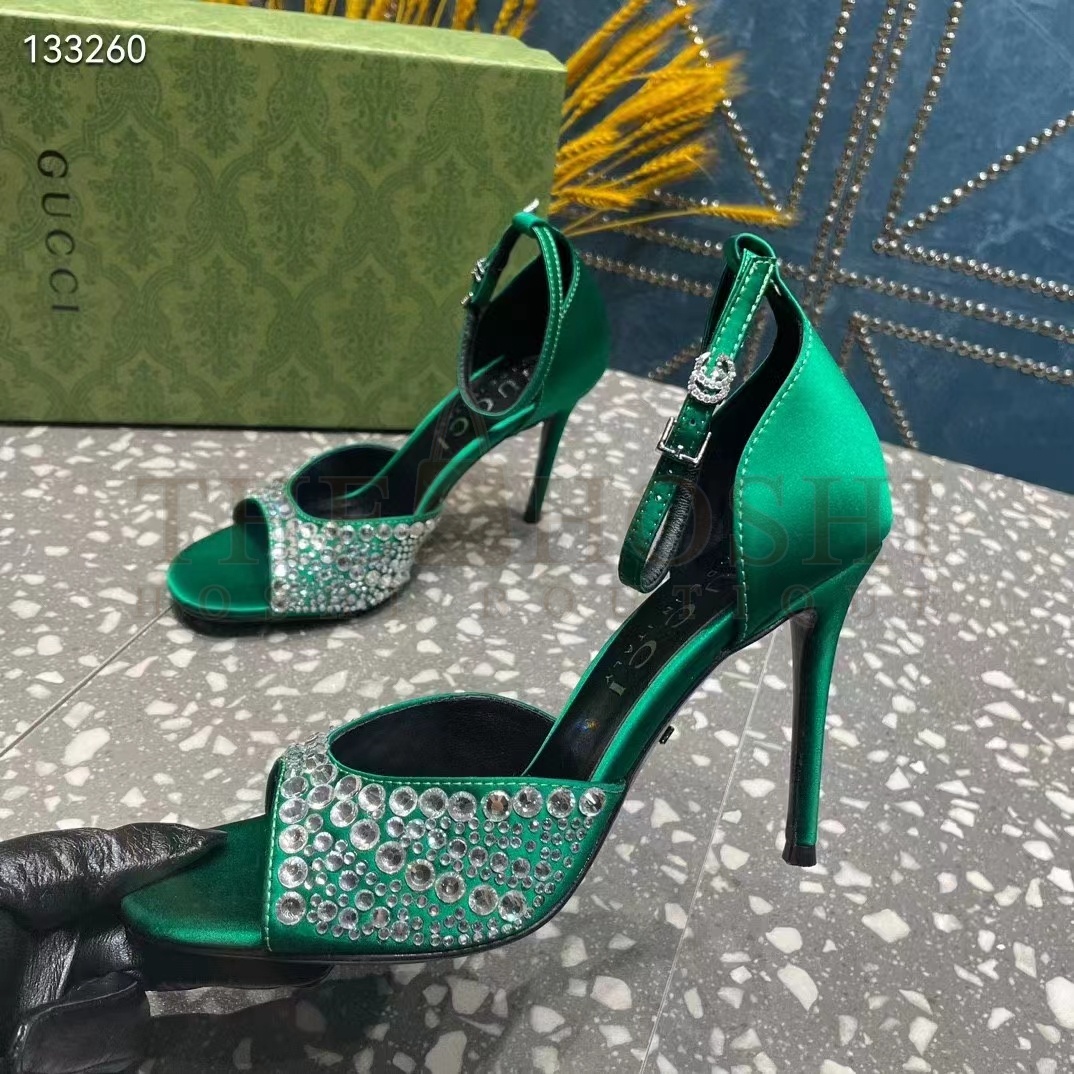 Gvc*1 Women G2 Mid-Heel Sandals Crystals Emerald Green Satin 11 CM Heel Double G Master Quality