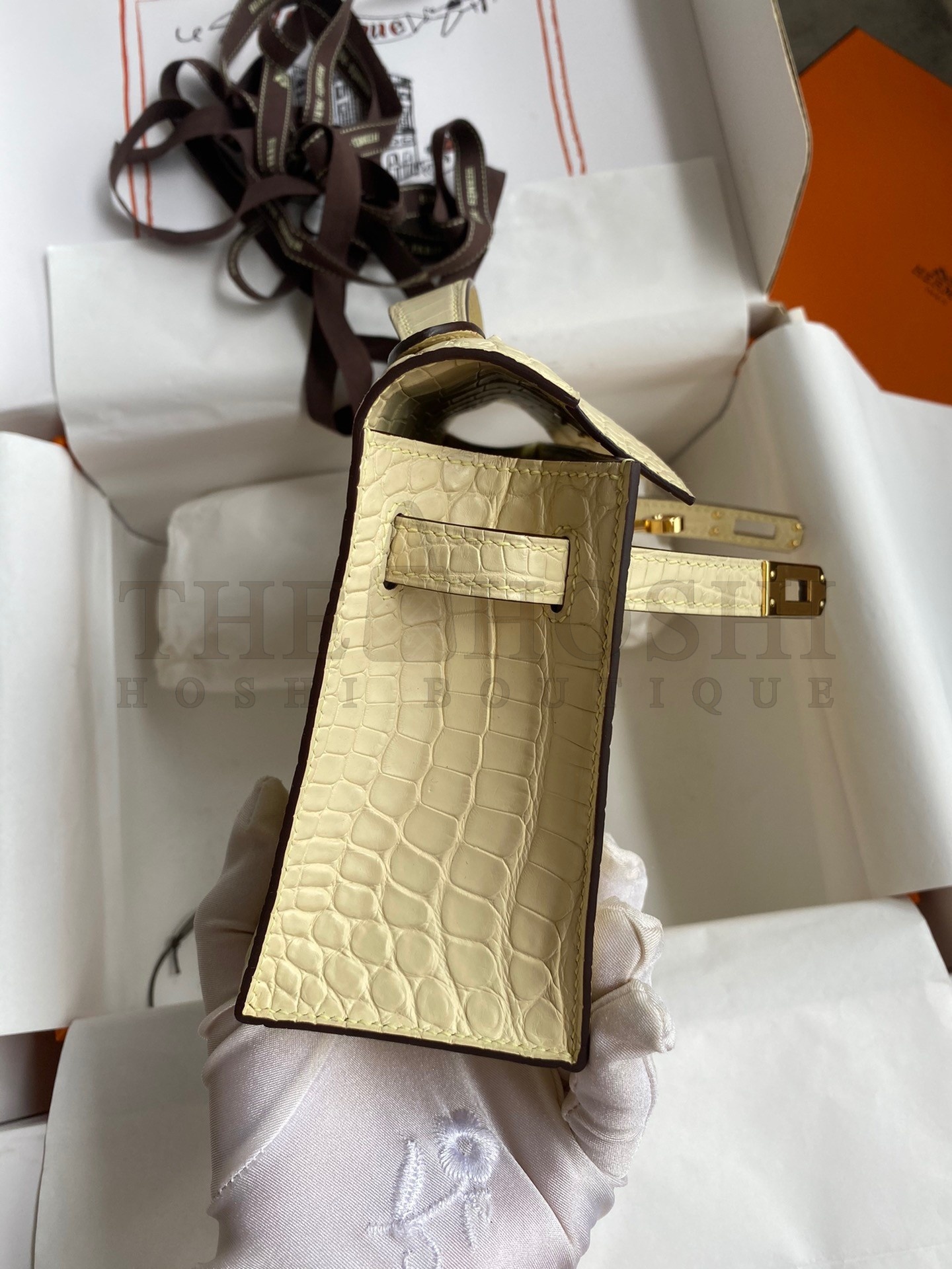 H**me5 Kelly Pochette Handmade Bag In Vanille Matte Alligator Leather Master Quality