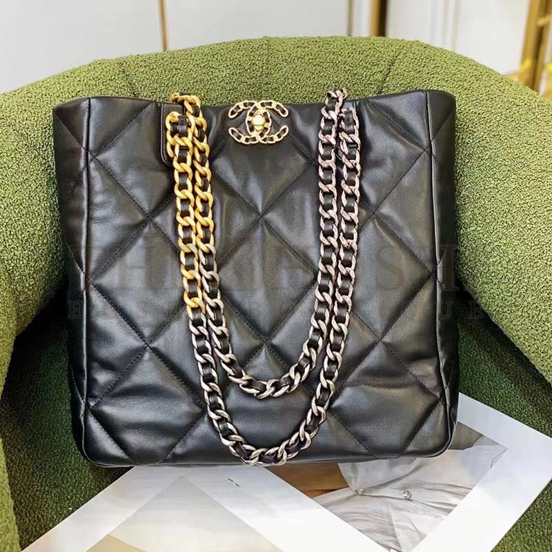 Ch**el Women CC Ch**el 19 Shopping Bag Lambskin Gold Silver-Tone Metal Black Master Quality