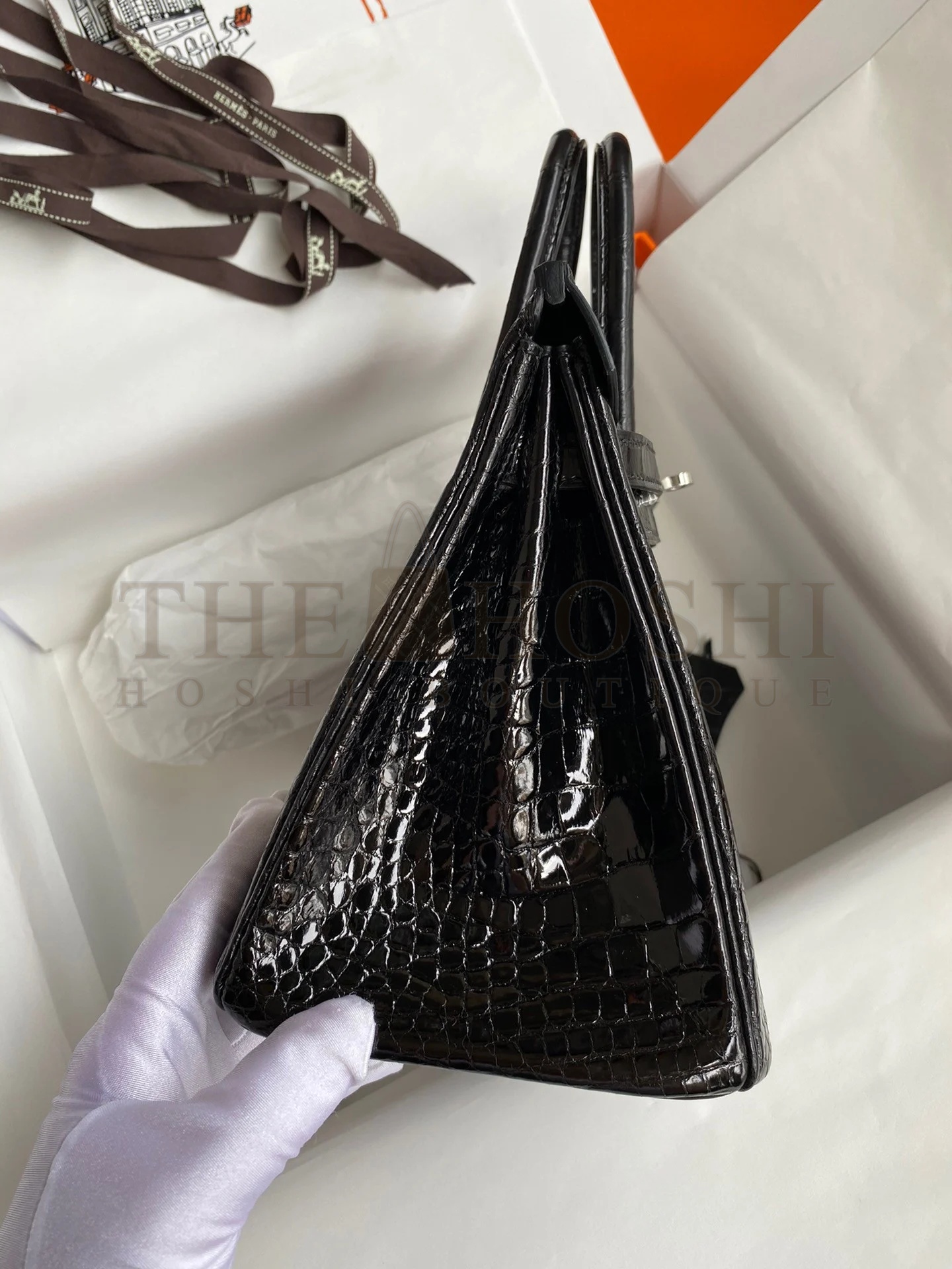 H**me5 Birkin 25 Retourne Handmade Bag In Black Shiny Alligator Leather Master Quality