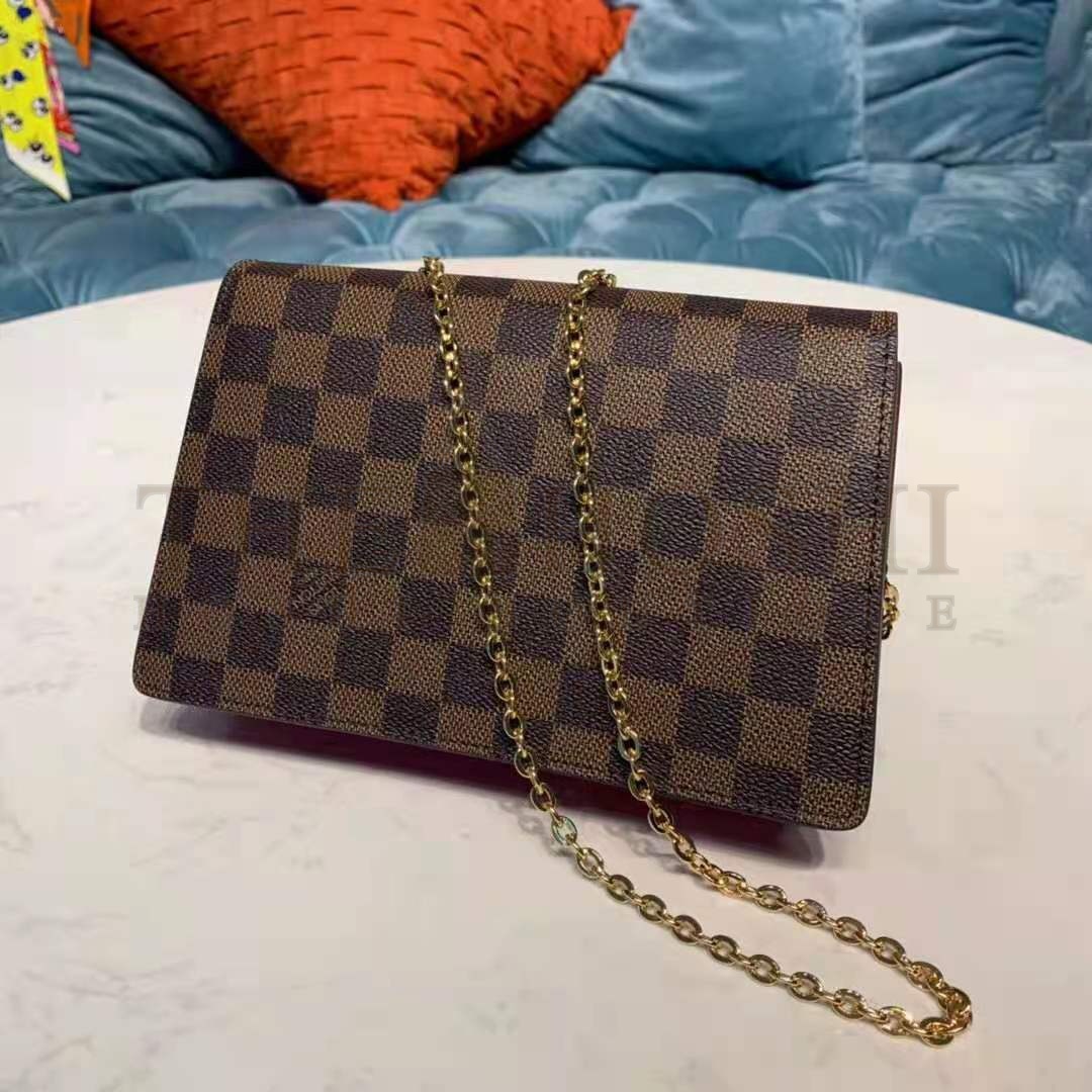 L0vis Vvtt0n LV Women Croisette Chain Wallet Scarlet Red Damier Ebene Coated Canvas Master Quality