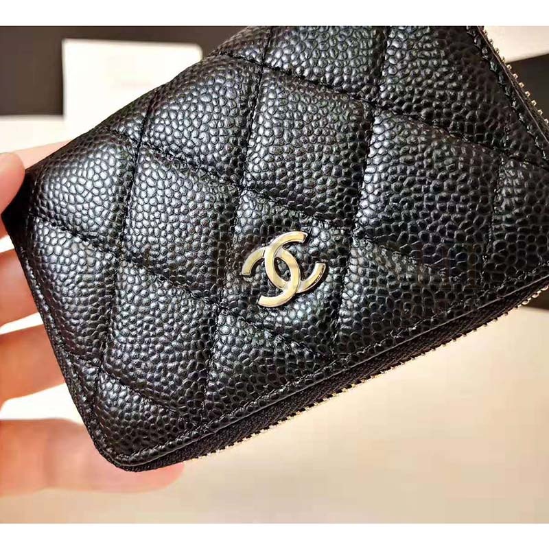 Ch**el Women Classic Zipped Coin Purse in Grained Calfskin & Silver-Tone Metal-Black Master Quality