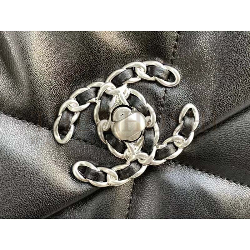 Ch**el Women 19 Large Handbag Lambskin Gold Silver-Tone Ruthenium-Finish Metal Black Master Quality