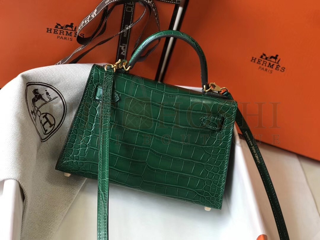 H**me5 Kelly Mini II Bag In Green Crocodile Embossed Leather Master Quality