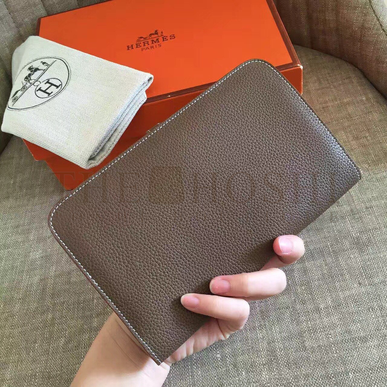 H**me5 Dogon Duo Wallet in Taupe Clemence Leather Master Quality