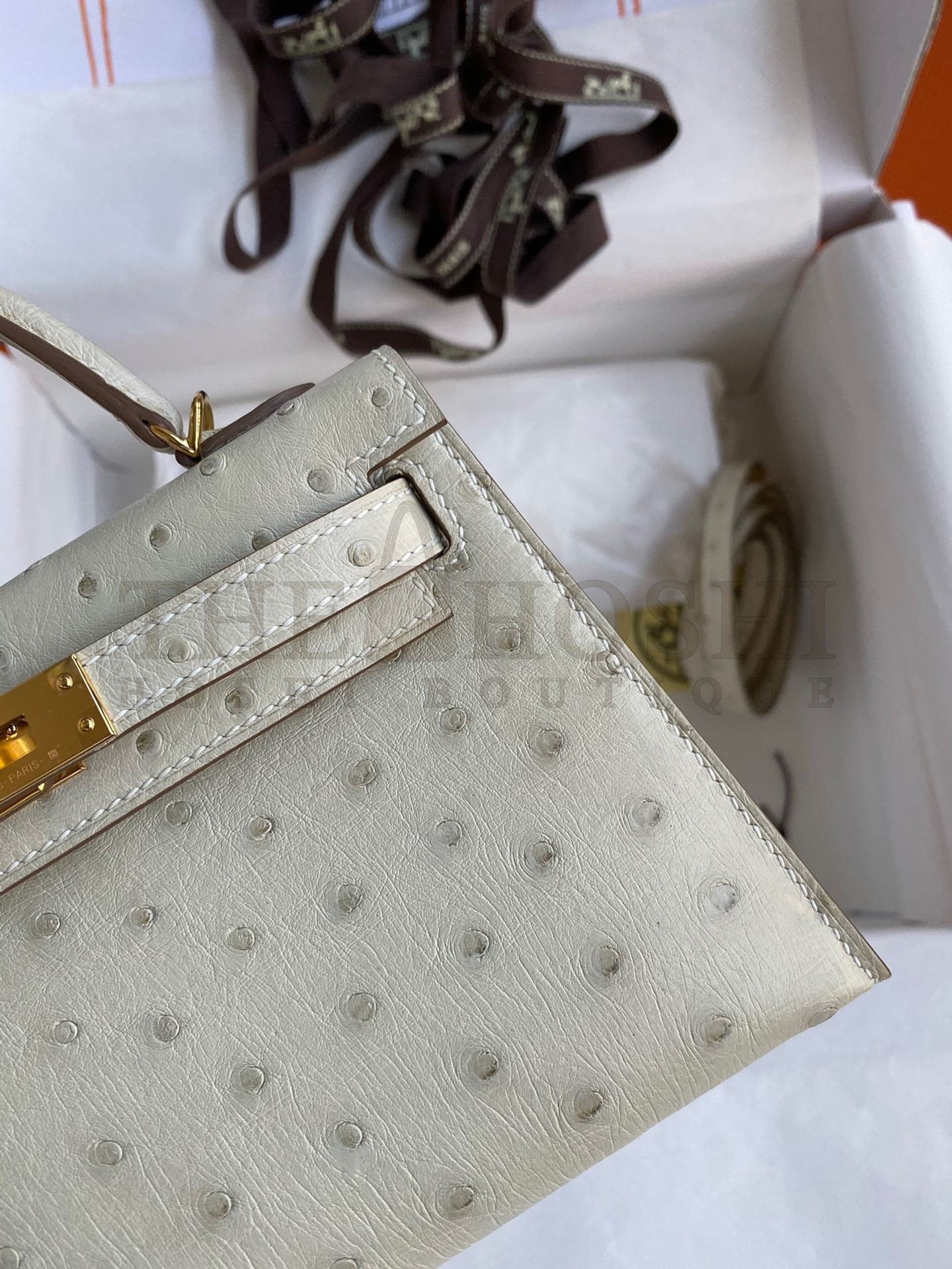 H**me5 Kelly Mini II Sellier Handmade Bag In Beton Ostrich Leather Master Quality