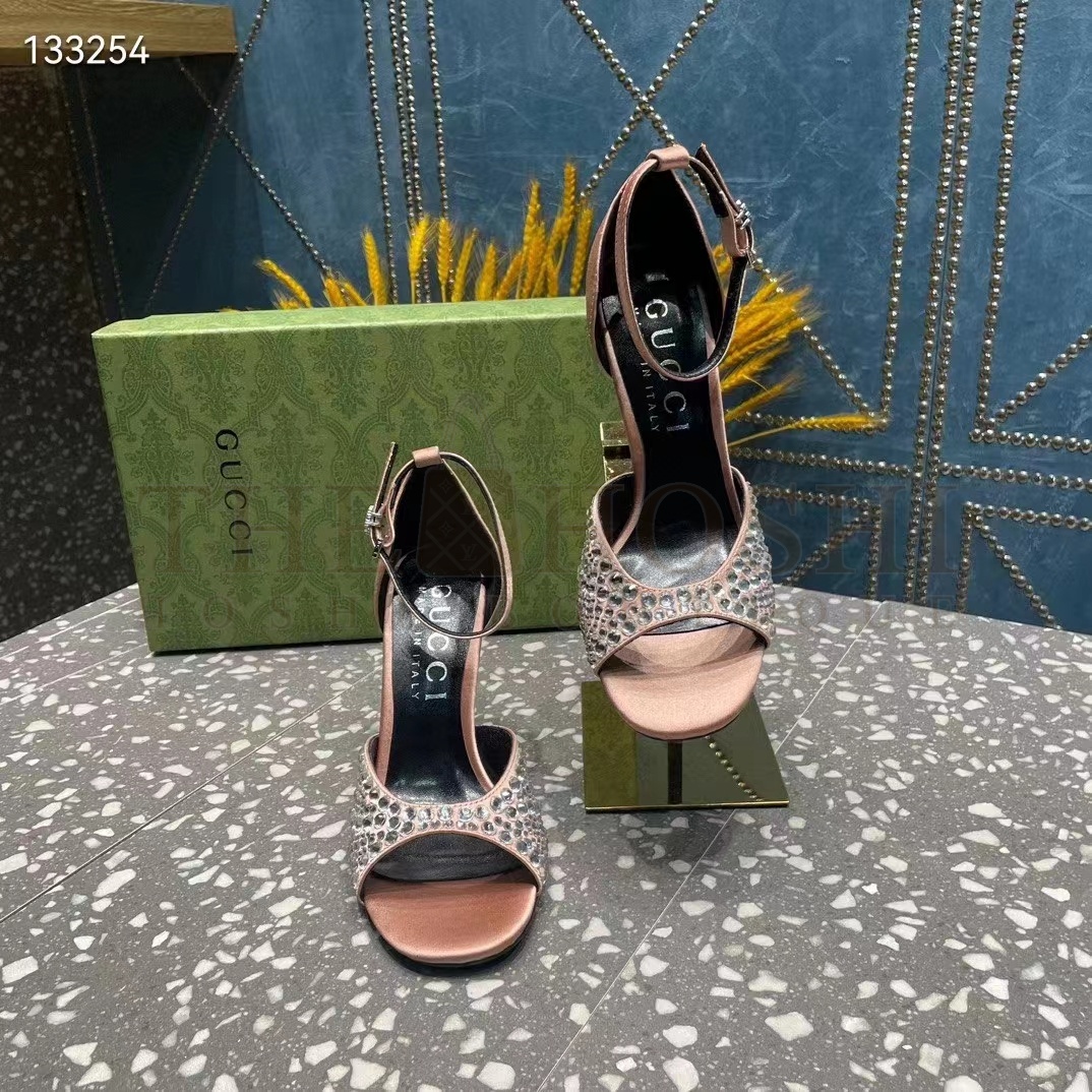 Gvc*1 Women G2 Mid-Heel Sandals Crystals Silver Satin 8 CM Heel Double G Master Quality