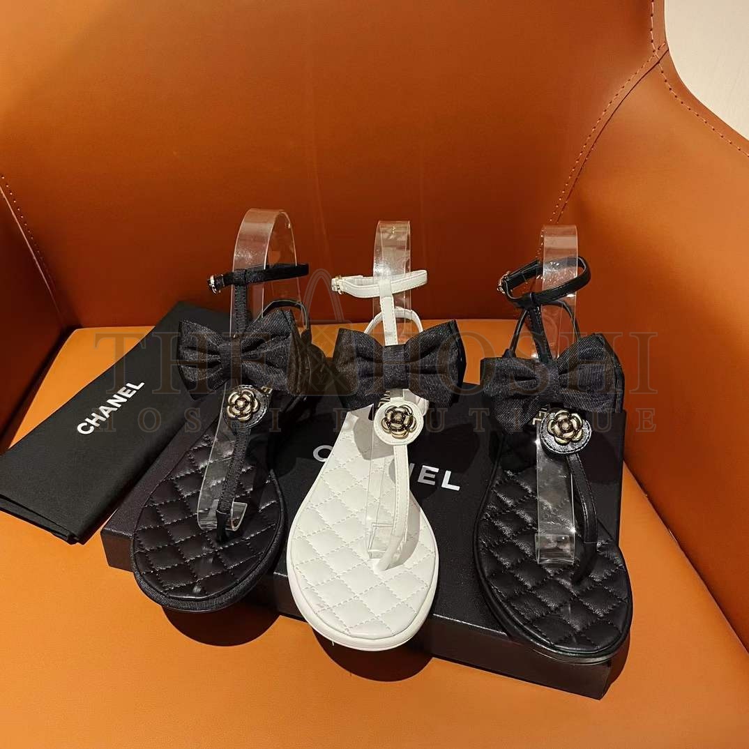 Ch**el Women CC Sandals Grosgrain Black 1 CM Heel Master Quality