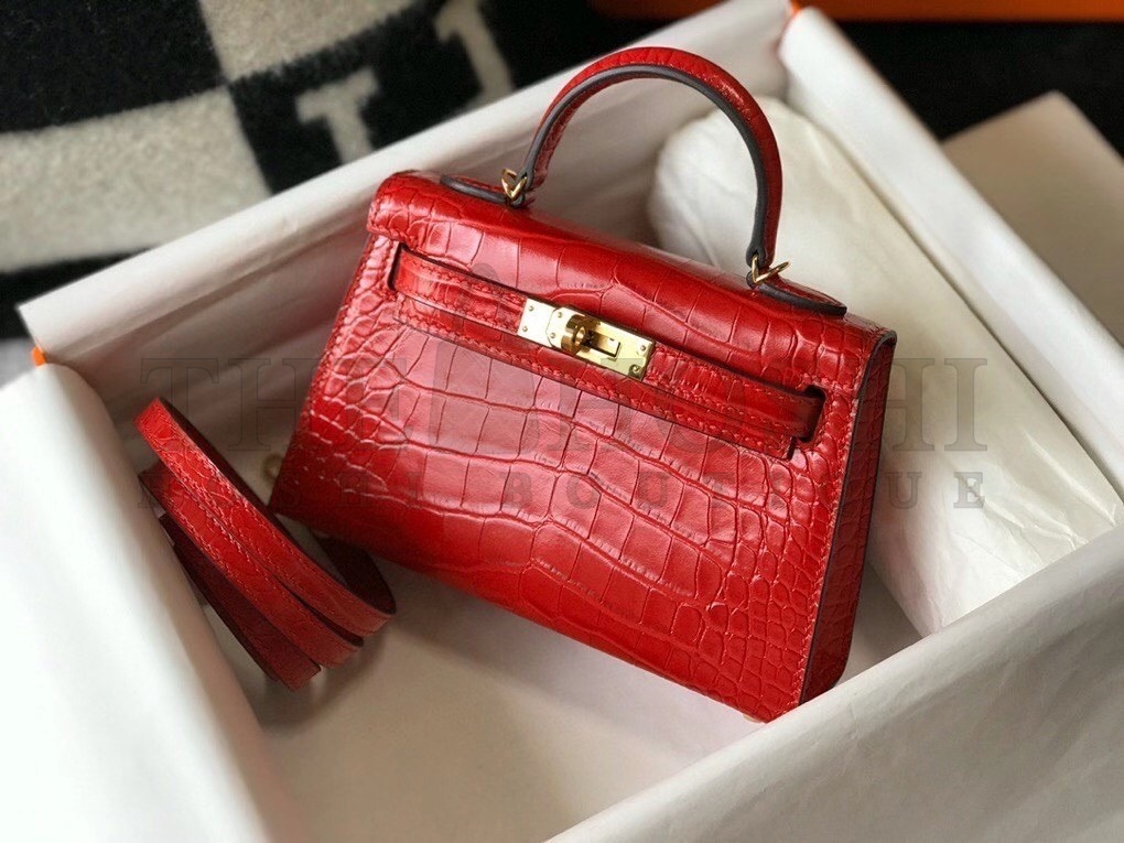 H**me5 Kelly Mini II Bag In Red Embossed Crocodile Calfskin Master Quality