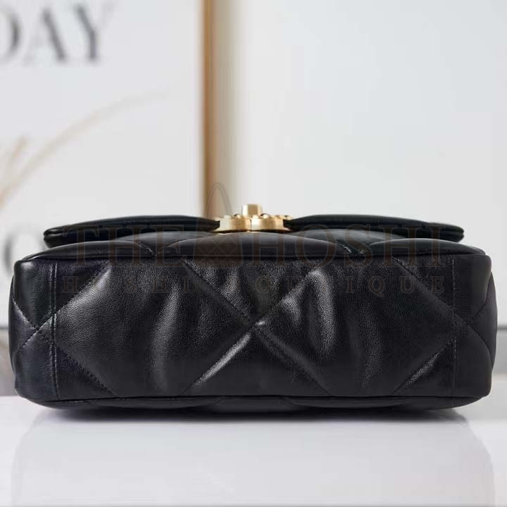 Ch**el Women 19 Handbag Lambskin Gold Silver-Tone Ruthenium-Finish Metal Black Master Quality