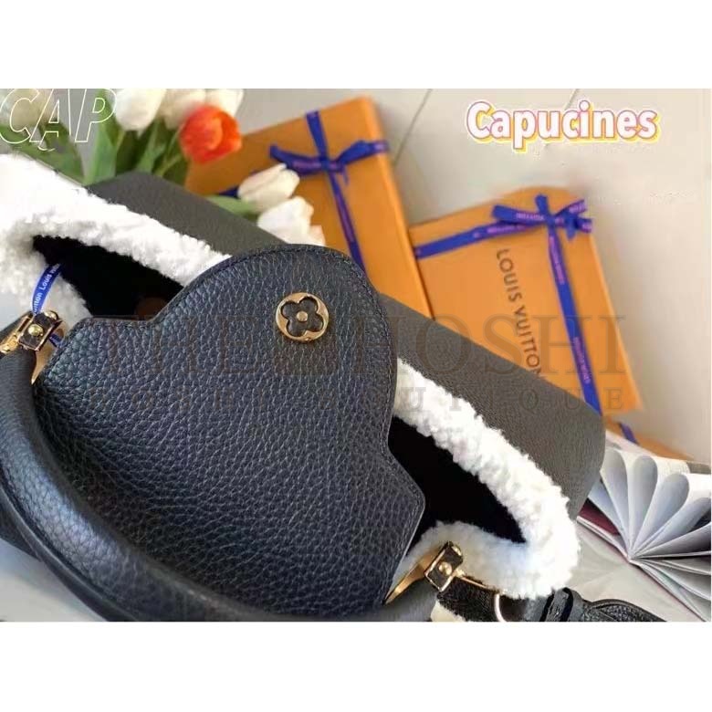L0vis Vvtt0n LV Women Capucines MM Bag Black Taurillon Leather Shearling Cowhide Master Quality