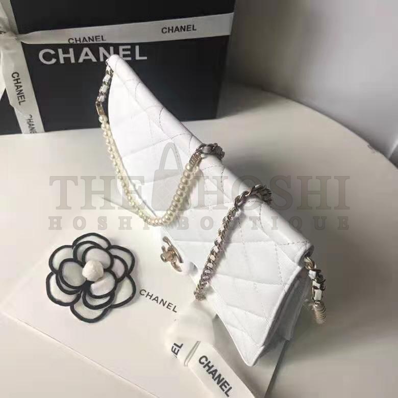 Ch**el Women Flap Bag White Ringer Pearl in Goatskin Leather Master Quality