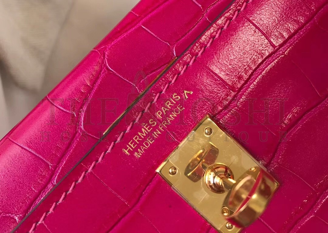 H**me5 Kelly Mini II Bag In Rose Red Crocodile Embossed Leather Master Quality