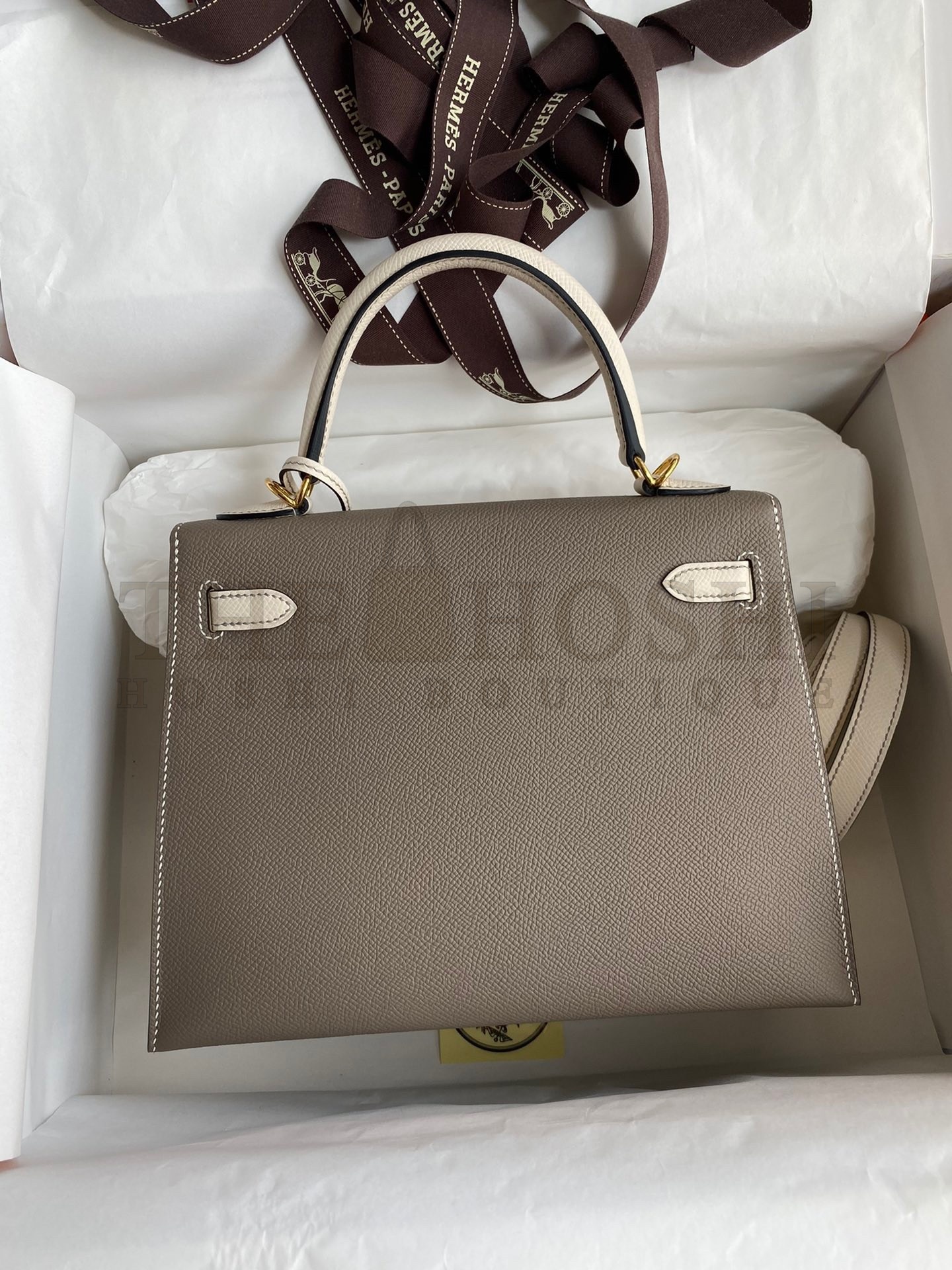 H**me5 Kelly Sellier 25 Bicolor Bag in Taupe and Craie Epsom Calfskin Master Quality