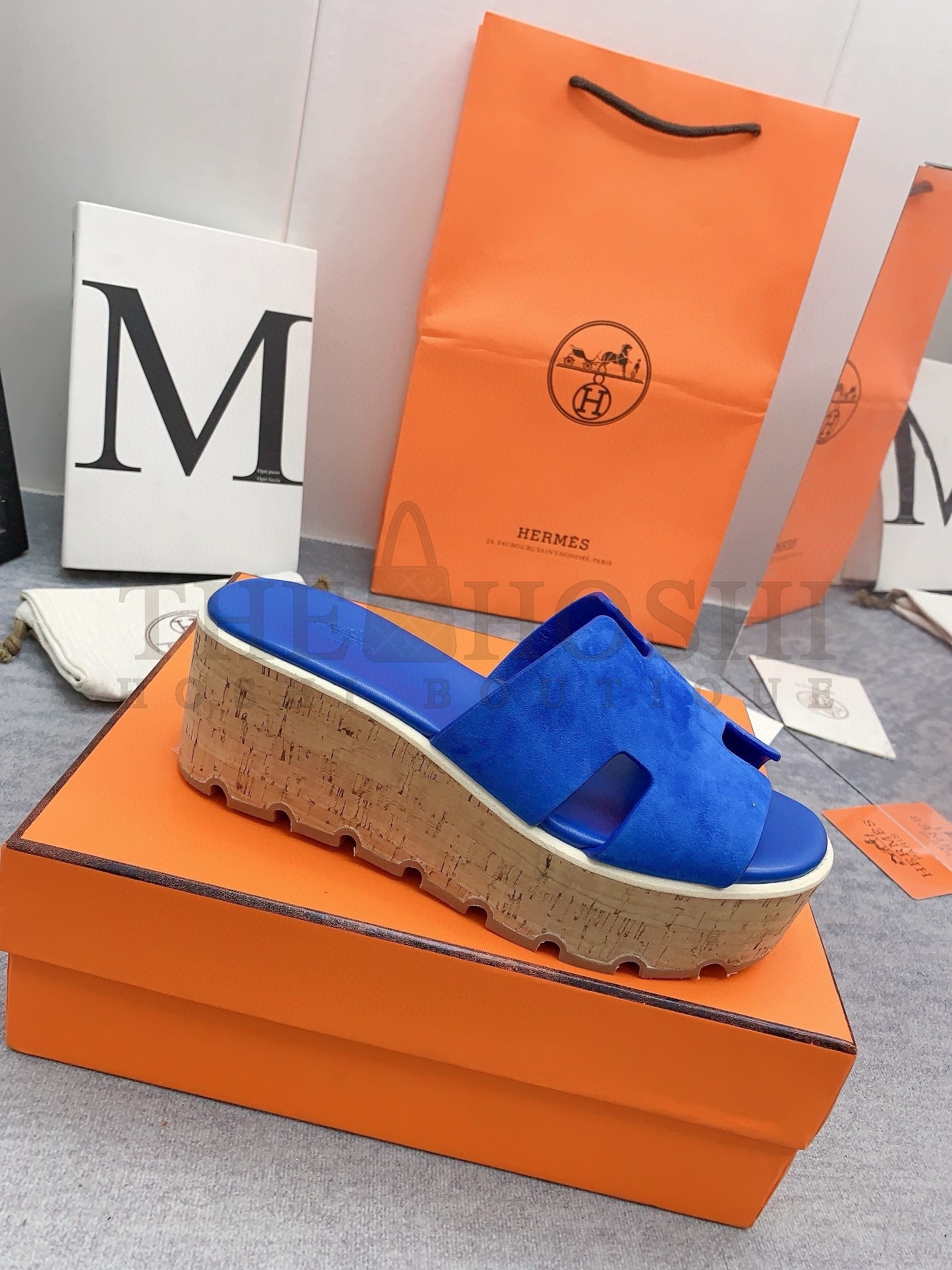 H**me5 Eze 30 Cork Platform Sandals in Blue Suede Leather Master Quality