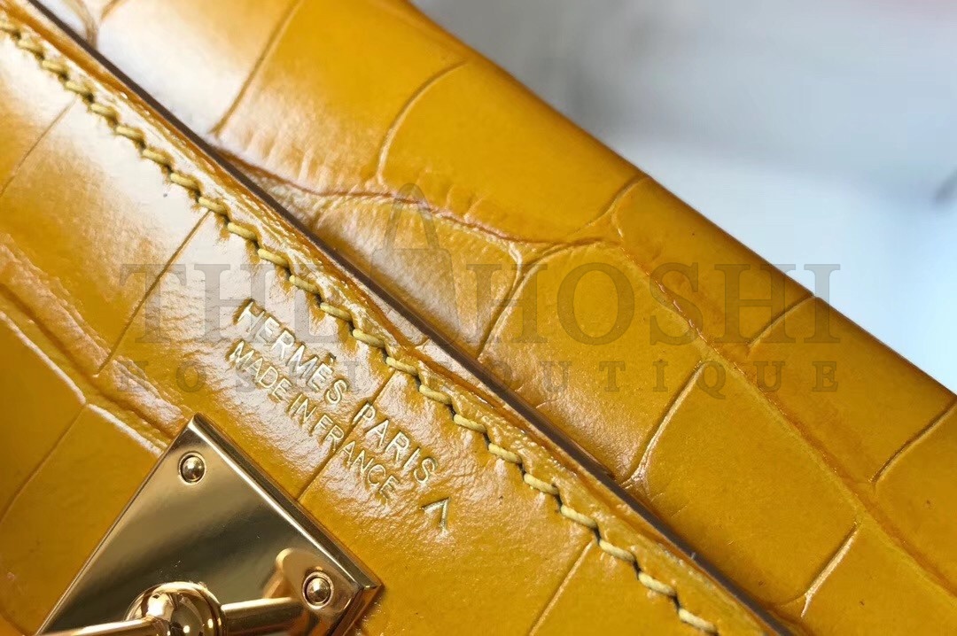 H**me5 Kelly Mini II Bag In Yellow Crocodile Embossed Leather Master Quality