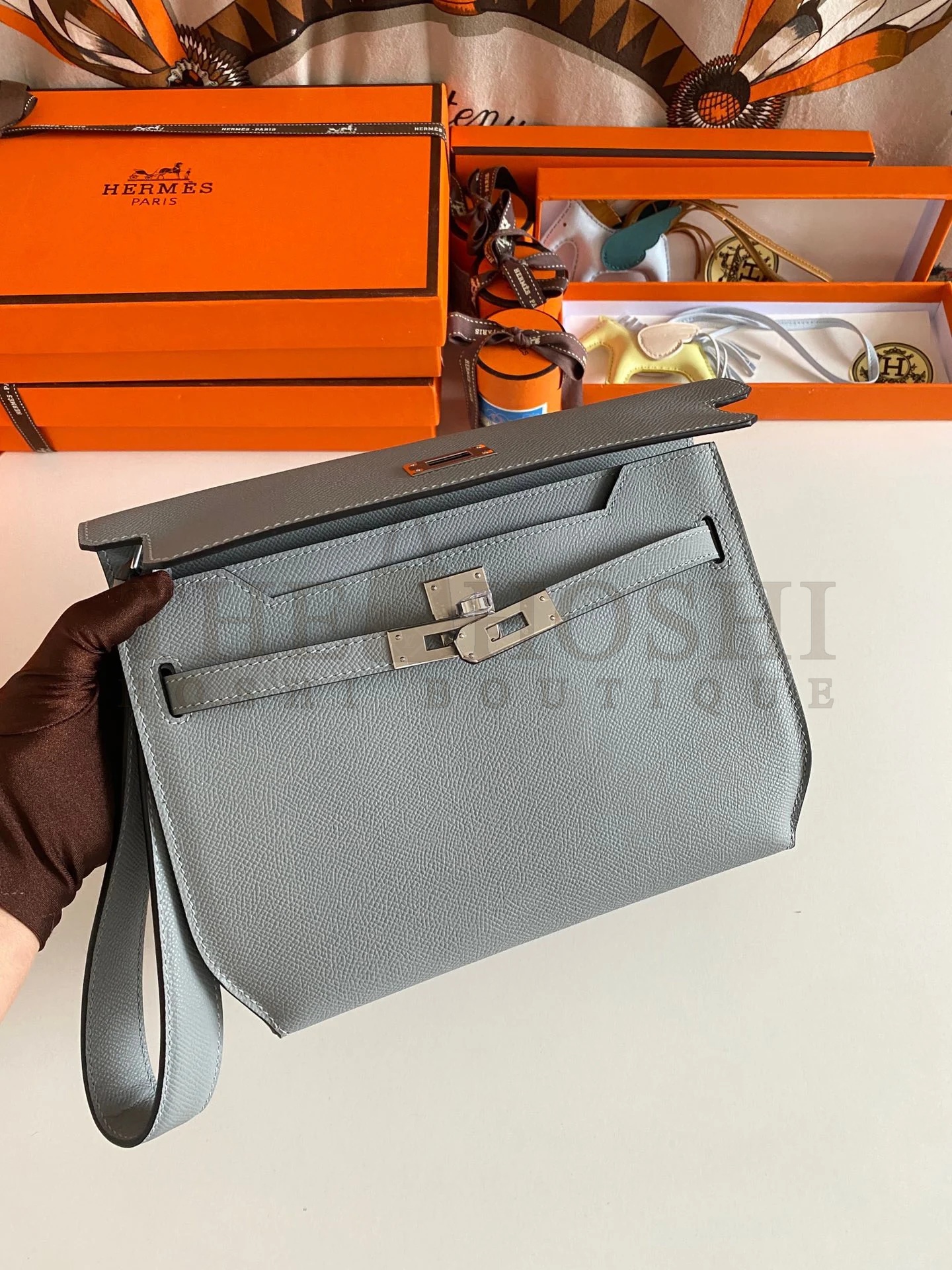 H**me5 Kelly Depeches 25 Pouch in Blue Lin Epsom Calfskin Master Quality