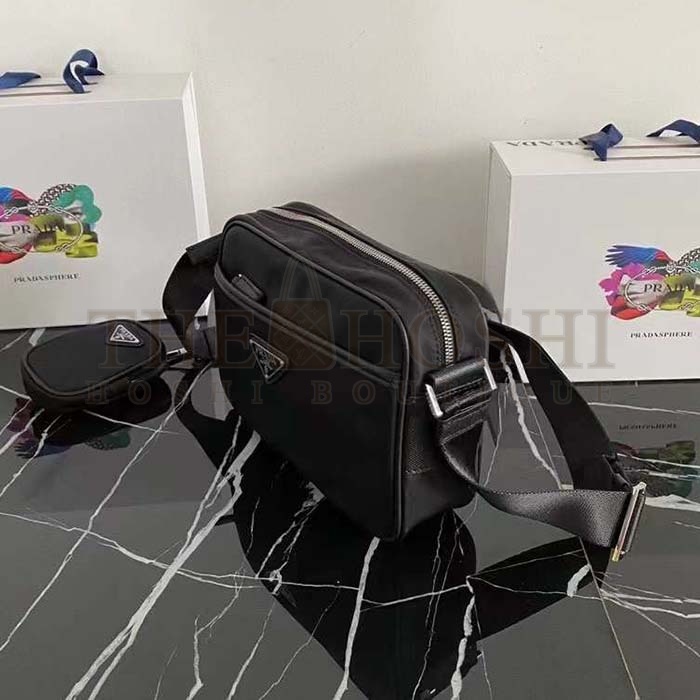 Pra*a Unisex Re-Nylon Saffiano Shoulder Bag Black Zipper Closure Fabric Master Quality